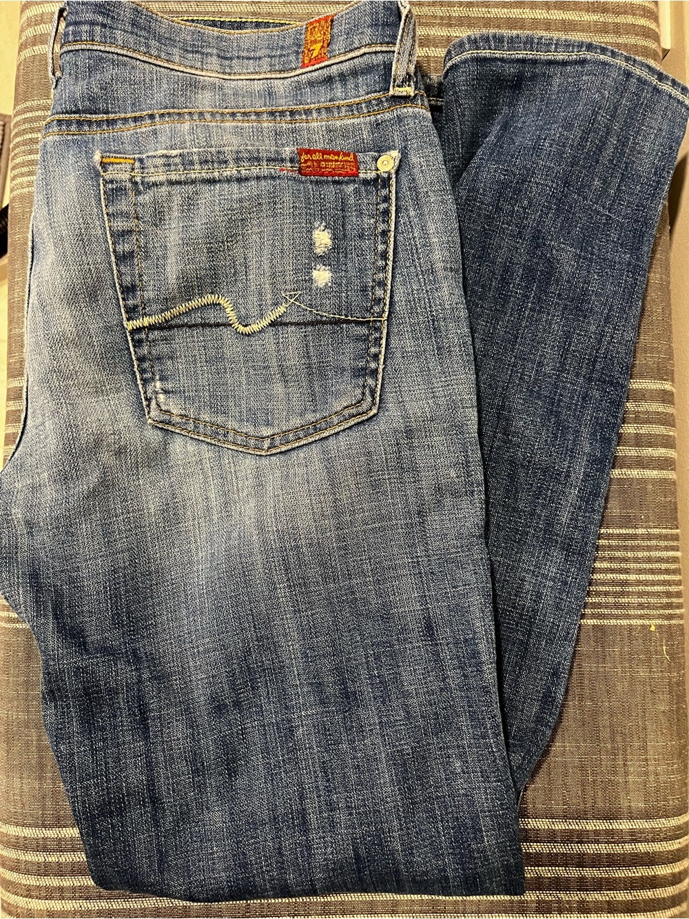7 For All Mankind Women’s Medium Blue Straight Leg Jeans with Distressing